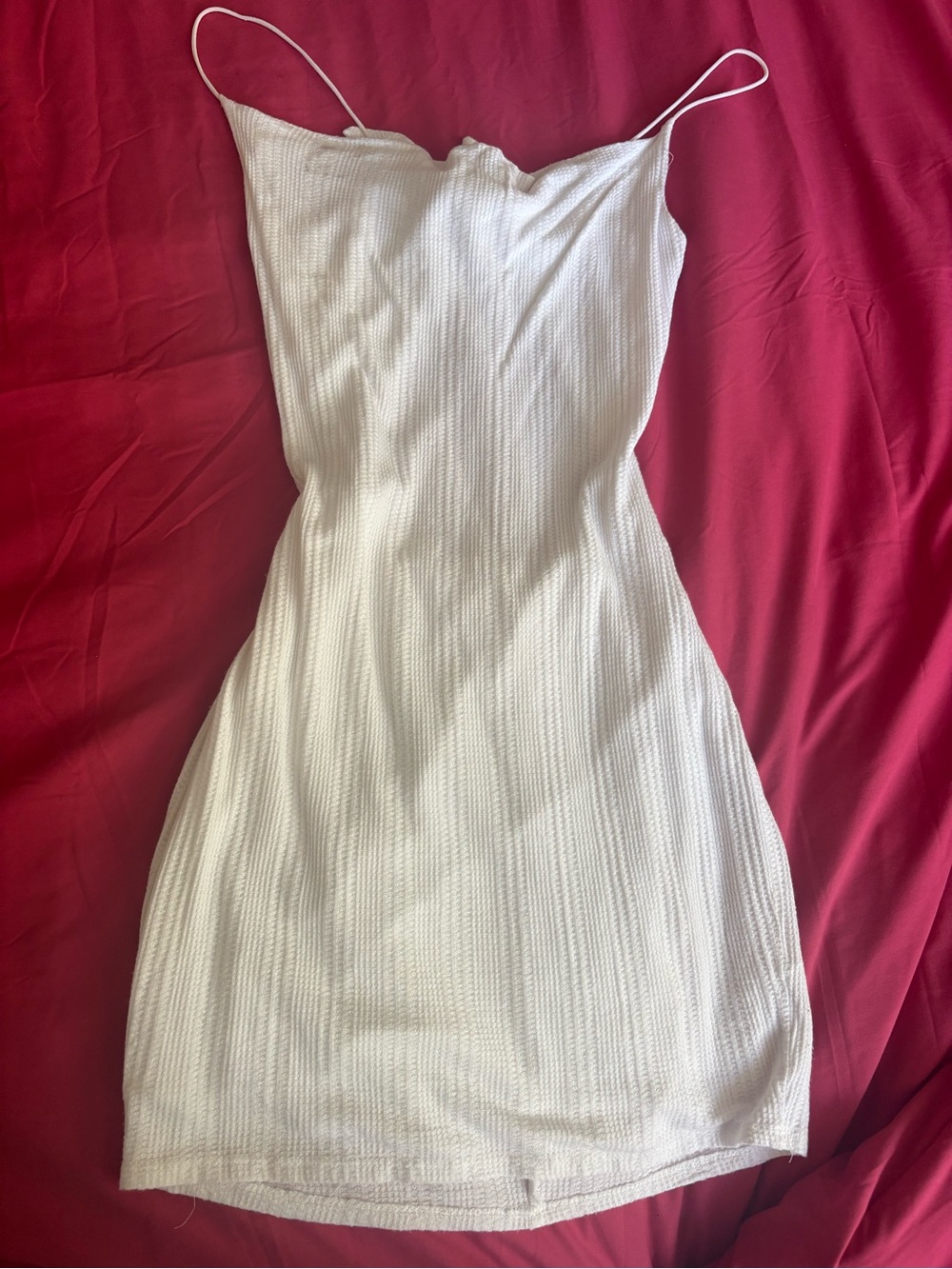 White Ribbed Slip Dress - Cowl Neck and Tie Back